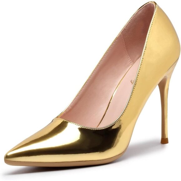 Women Gold Polyurethane (PU) Closed Pointed Toe Stiletto High Heel Shoes Pumps - Picture 1 of 7